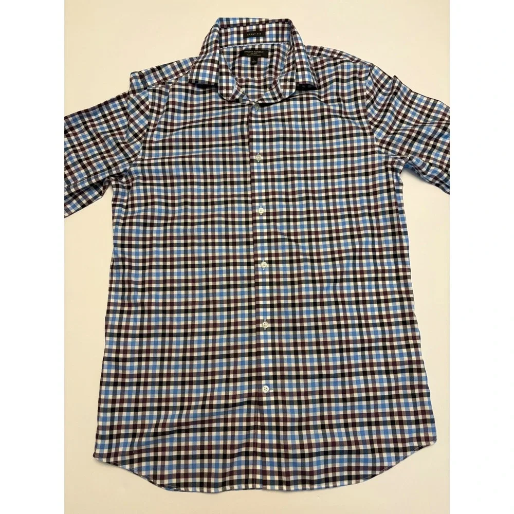 Banana Republic Button Down Mens Large Blue Gingham Grant Fit Non-Iron Stretch